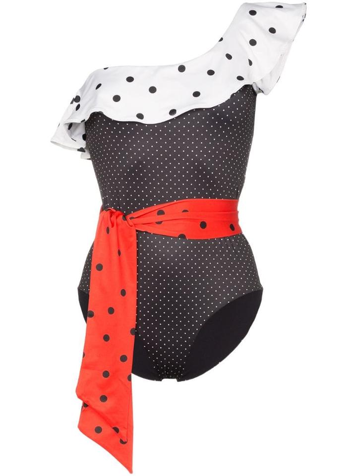 Ganni Prentis One Shoulder Ruffle Swimsuit - Black