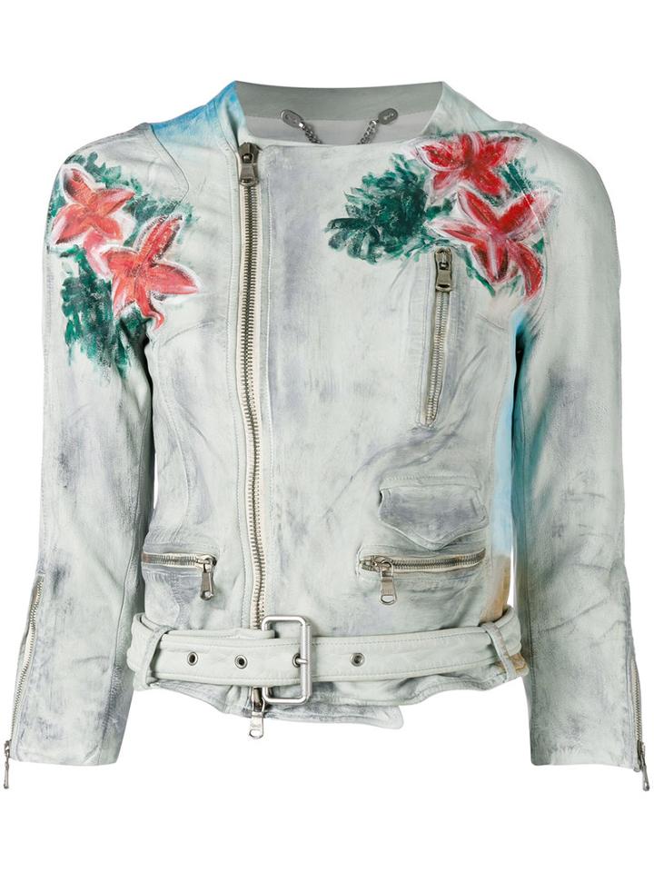 Pihakapi - Floral Print Biker Jacket - Women - Calf Leather - M, Grey, Calf Leather