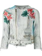 Pihakapi - Floral Print Biker Jacket - Women - Calf Leather - M, Grey, Calf Leather