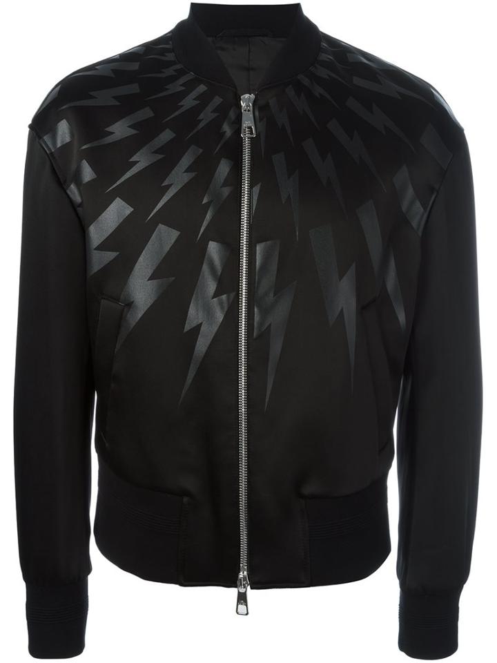 Neil Barrett Lightning Bolt Print Bomber Jacket, Men's, Size: Large, Black, Polyamide/acetate/cupro/cotton