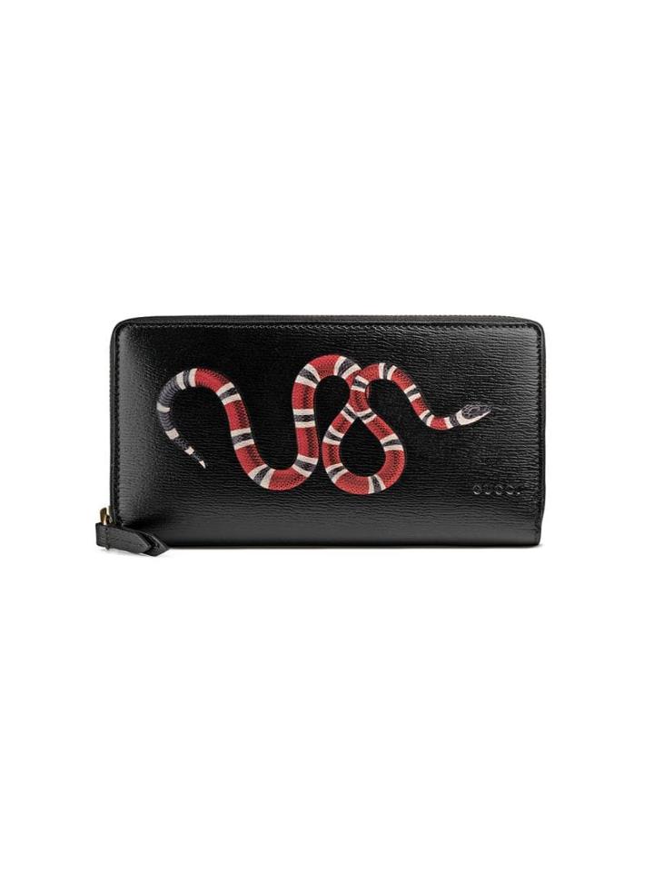 Gucci Kingsnake Print Leather Zip Around Wallet - Black