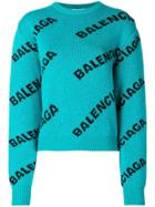 Balenciaga Jacquard Logo Crewneck Cropped Sweater - Green