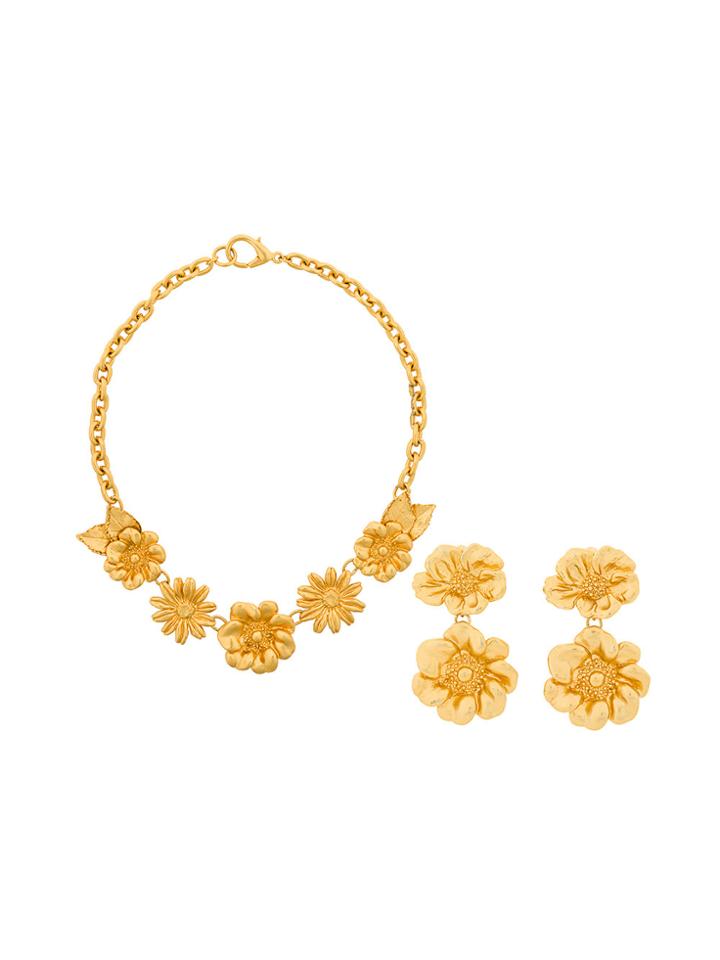 Kenzo Vintage Flowers Necklace & Earrings Set - Metallic