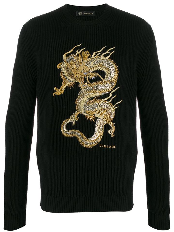 Versace Embroidered Dragon Ribbed Jumper - Black