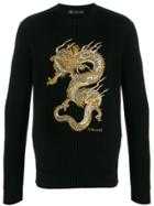 Versace Embroidered Dragon Ribbed Jumper - Black