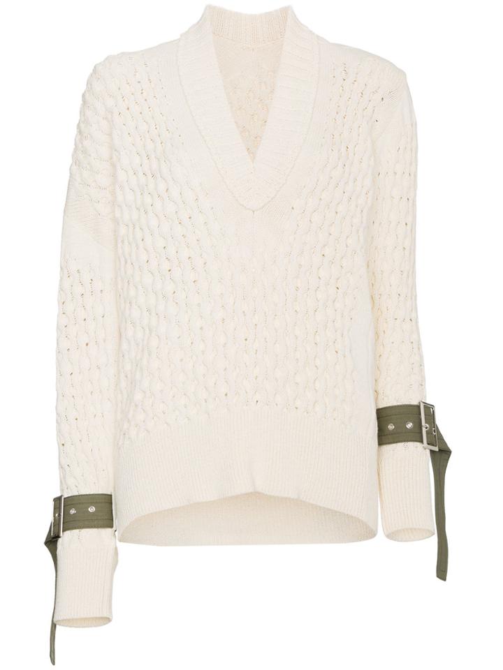 Sacai V-neck Knitted Strap Cuff Jumper - Nude & Neutrals