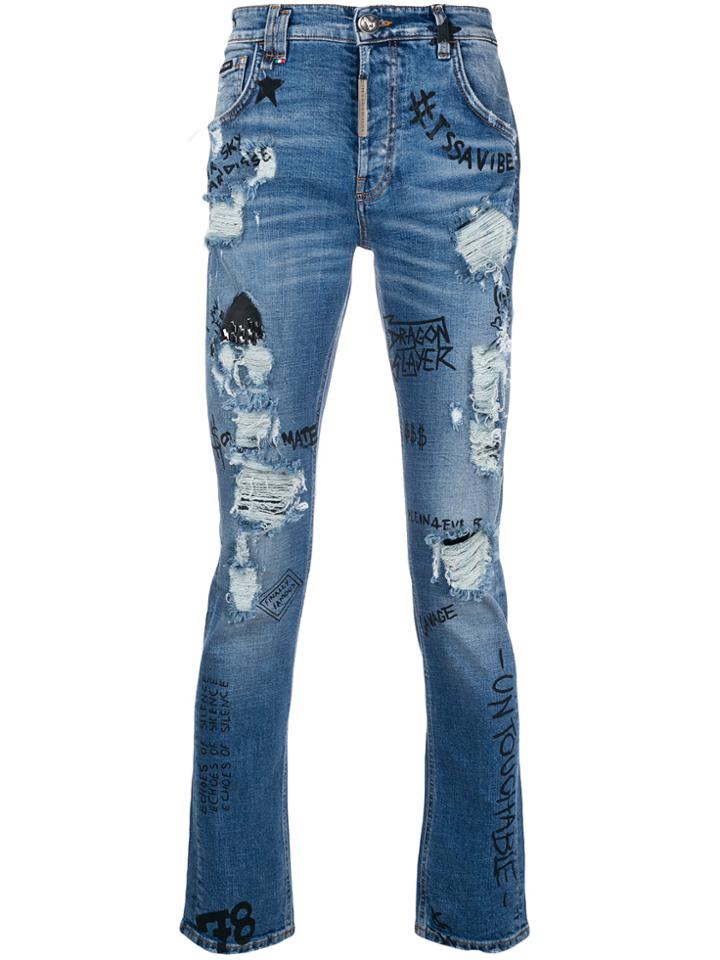 Philipp Plein Graffiti Distressed Jeans - Blue