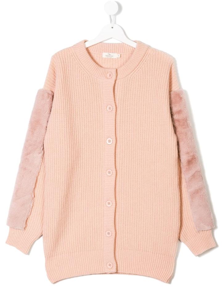 Andorine Teen Faux Fur Trimmed Knit Cardigan - Pink
