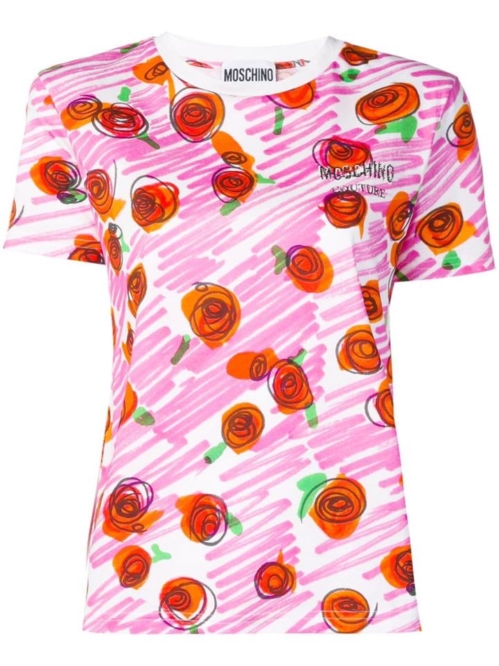 Moschino Brushstroke-rose Print T-shirt - White