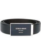 Giorgio Armani Logo Plaque Belt, Men's, Blue, Calf Leather