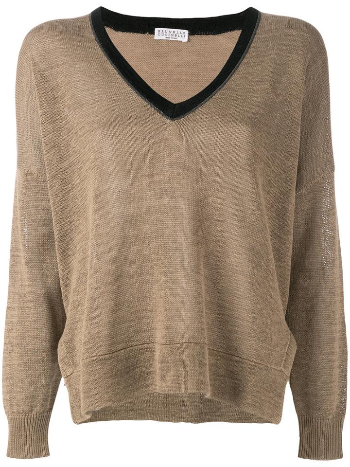 Brunello Cucinelli V-neck Jumper, Women's, Size: Large, Brown, Cotton/brass