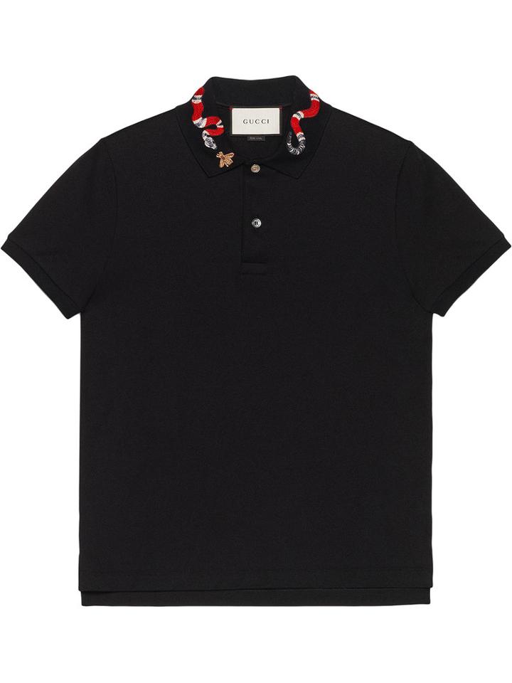 Gucci - Polo With Snake Embroidery - Men - Cotton/spandex/elastane - L, Black, Cotton/spandex/elastane