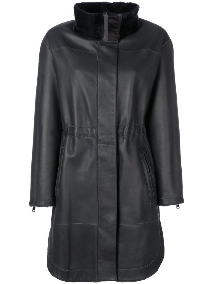Brunello Cucinelli - Zipped Coat - Women - Silk/sheep Skin/shearling/acetate/brass - 42, Black, Silk/sheep Skin/shearling/acetate/brass