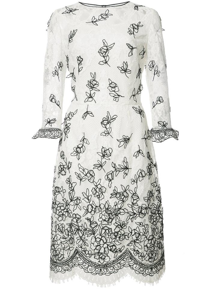 Oscar De La Renta Flower Embroidery Lace Dress, Women's, Size: 4, White, Cotton/nylon