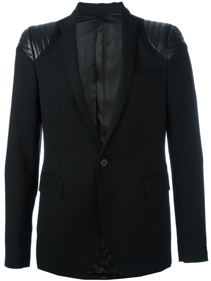 Les Hommes Quilted Shoulder Blazer, Men's, Size: 46, Black, Leather/viscose/wool
