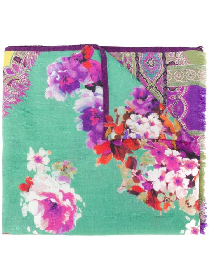 Etro Floral Print Fringed Scarf - Green