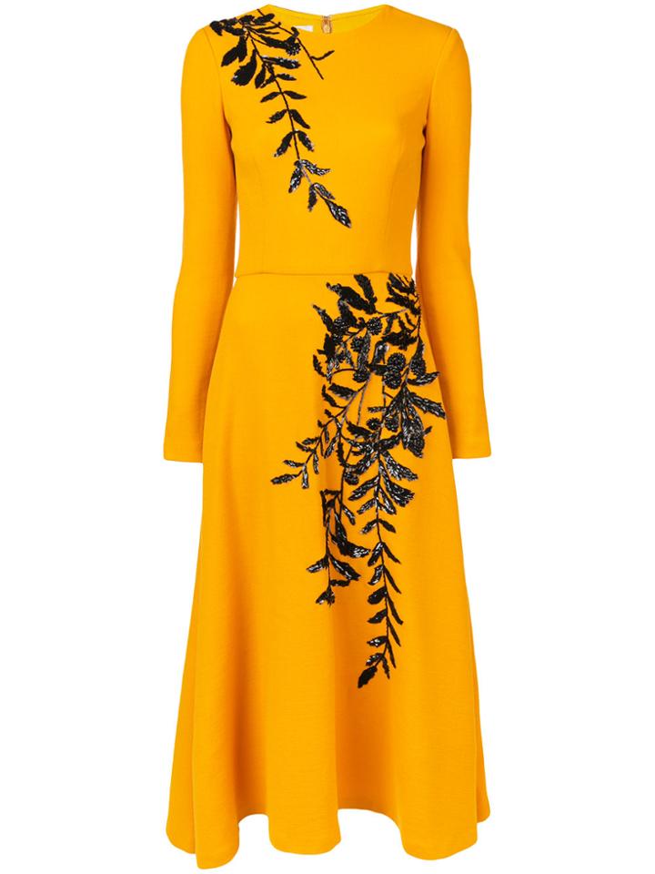 Oscar De La Renta Long Sleeve Embroidered Dress - Yellow & Orange