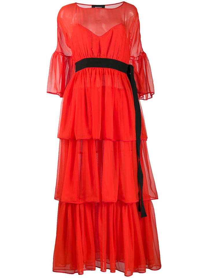 Rochas Belted Ruffled Dress - Red