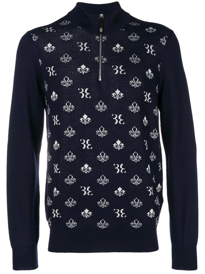 Billionaire Logo Crest Intarsia Half Zip Sweater - Blue