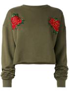 Each X Other - Rose Embroidered Cropped Sweatshirt - Women - Cotton - S, Green, Cotton