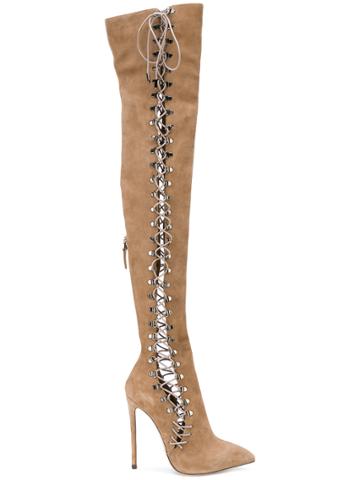Gianni Renzi Lace-up Thigh High Heeled Boots - Nude & Neutrals