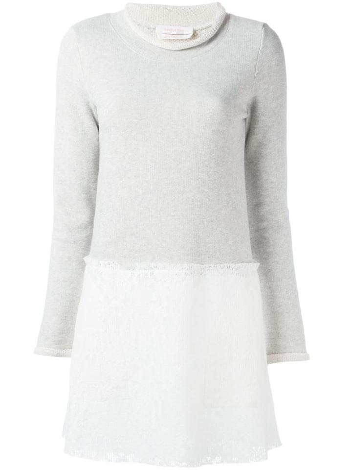 See By Chloé Floral Lace Panel Knit Dress, Women's, Size: Small, Grey, Cotton