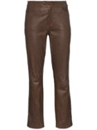 Skiim Mid Rise Cropped Slim Leg Leather Trousers - Brown