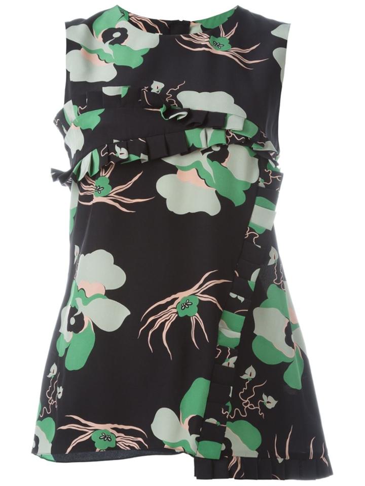 Marni Floral Asymmetric Ruffle Top - Black