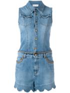 Red Valentino - Scalloped Hem Denim Playsuit - Women - Cotton/polyester/spandex/elastane - 40, Women's, Blue, Cotton/polyester/spandex/elastane