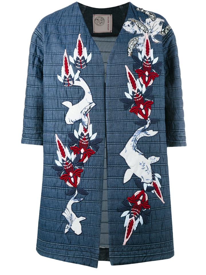 Antonio Marras Collarless Shortsleeved Jacket, Women's, Size: 42, Blue, Cotton/polyamide/spandex/elastane/sequin