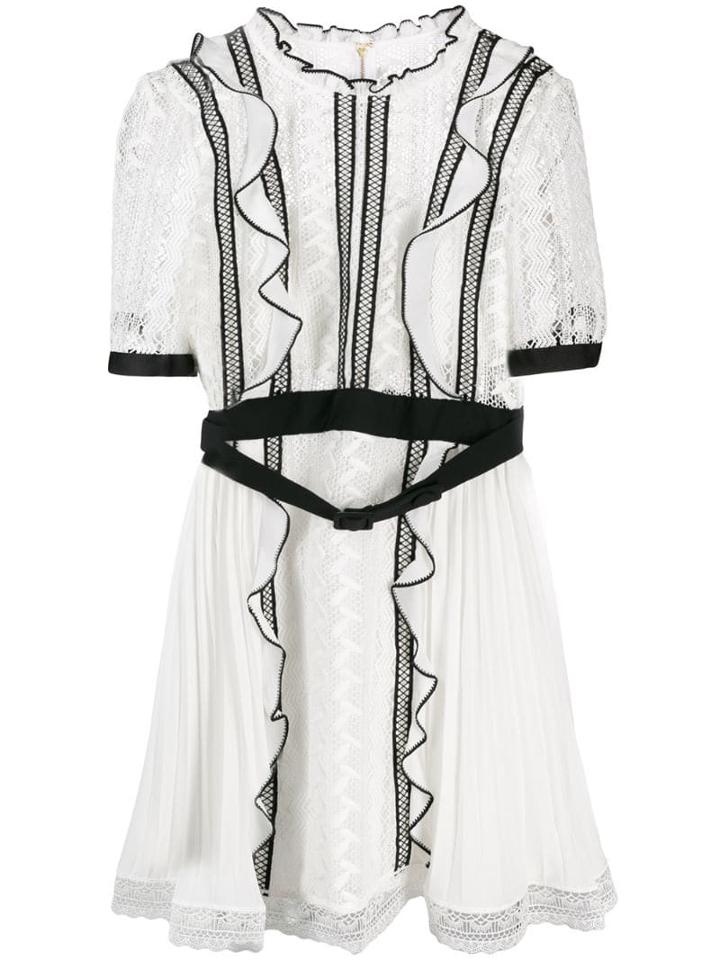 Self-portrait Topstitching Pleated Mini Dress - White