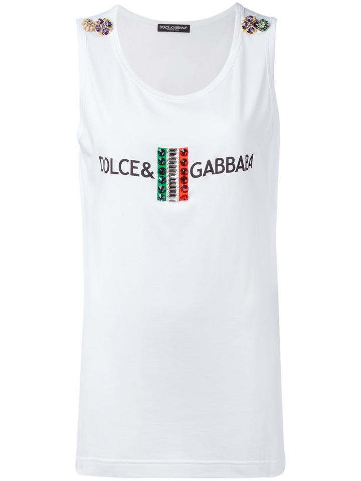 Dolce & Gabbana Embellished Logo Tank Top, Women's, Size: 36, White, Cotton/crystal