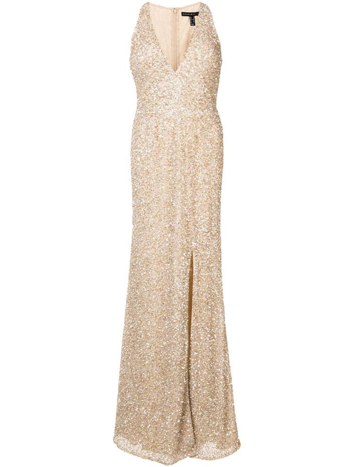 Aidan Mattox V-neck Glitter Gown - Nude & Neutrals