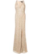 Aidan Mattox V-neck Glitter Gown - Nude & Neutrals