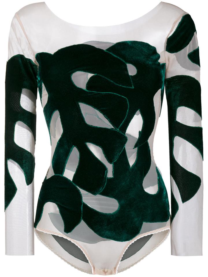 Alexia Hentsch Silk Bodysuit With Velvet Leaves - Green