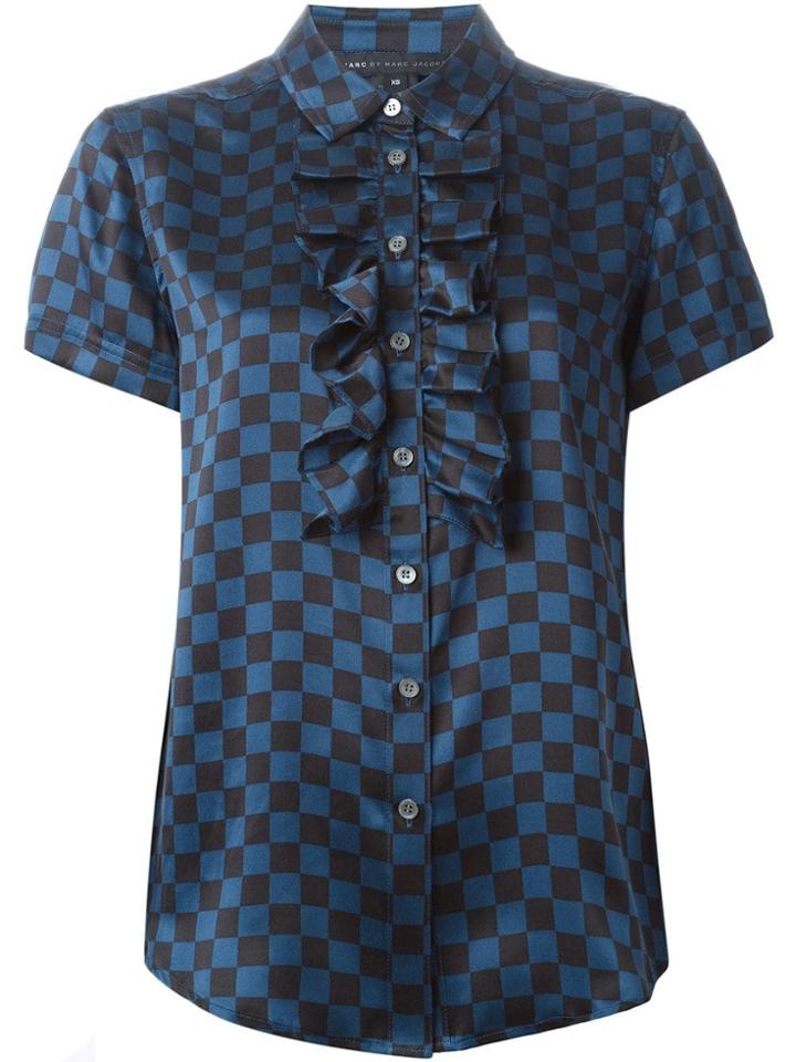 Marc By Marc Jacobs Ruffled Bib Checkboard Shirt - Blue