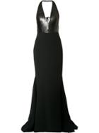 Romona Keveza Sequin Plunge Neck Fishtail Gown - Black