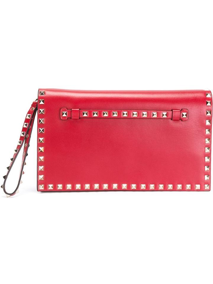 Valentino - 'rockstud' Clutch - Women - Calf Leather - One Size, Red, Calf Leather