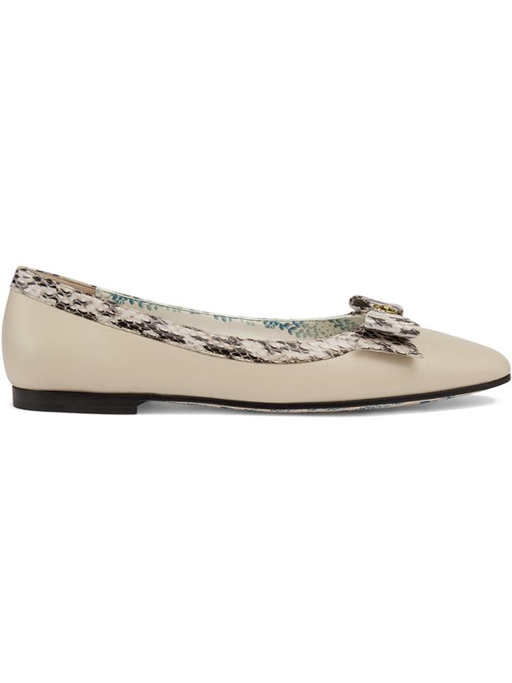 Gucci Leather Ballet Flats With Snakeskin Bow - White