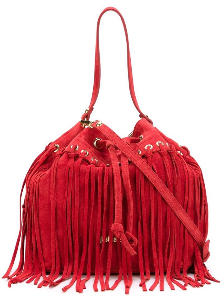 Just Cavalli Fringed Bucket Tote, Women's, Red, Calf Leather/viscose/aluminium