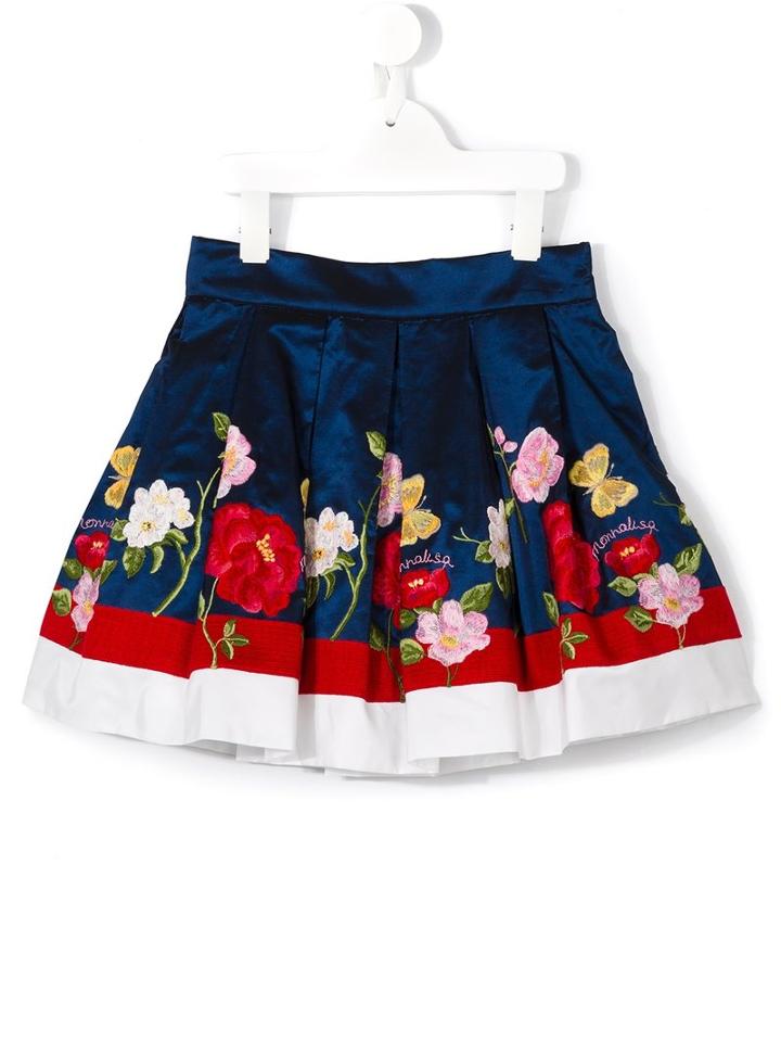 Monnalisa Floral Logo Embroidered Skirt, Toddler Girl's, Size: 2 Yrs, Blue