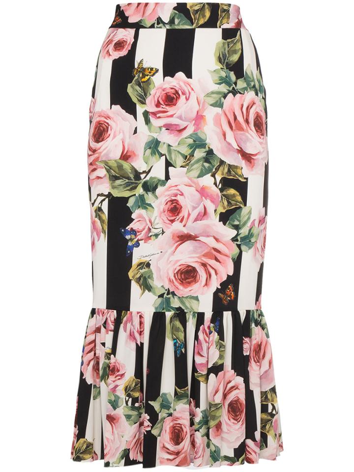 Dolce & Gabbana Midi Rose Print Skirt - Black