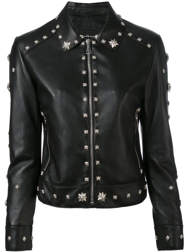 John Richmond - Floral Studded Biker Jacket - Women - Lamb Skin/polyester - M, Black, Lamb Skin/polyester
