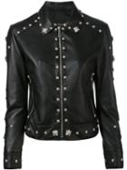 John Richmond - Floral Studded Biker Jacket - Women - Lamb Skin/polyester - M, Black, Lamb Skin/polyester