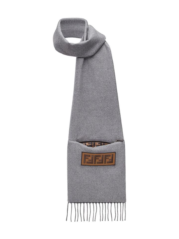 Fendi Logo Patch Fringed Scarf - Grey