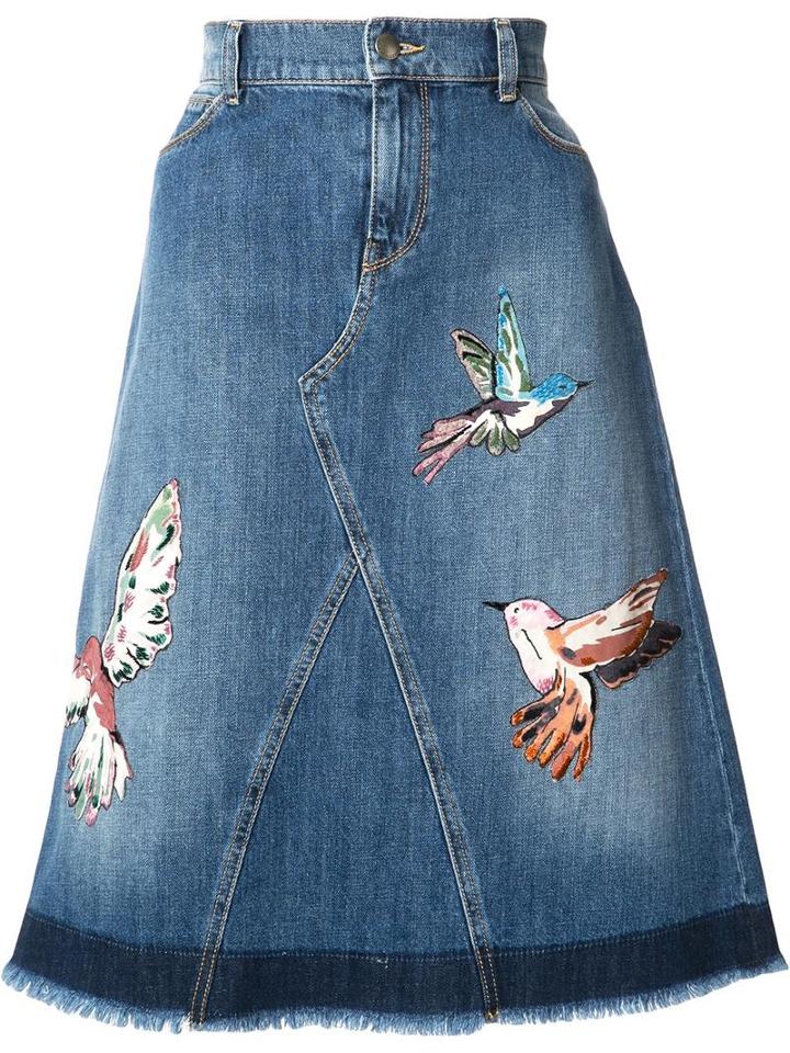 Red Valentino Bird Patches Denim Skirt, Women's, Size: 44, Blue, Cotton