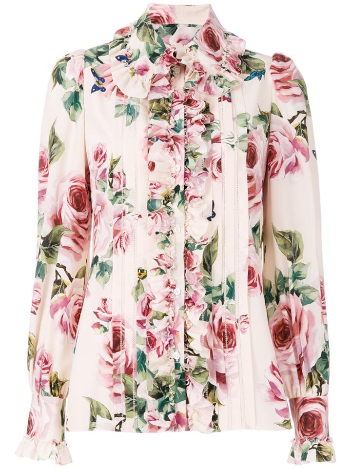 Dolce & Gabbana Ruffled Rose Printed Blouse - Pink & Purple