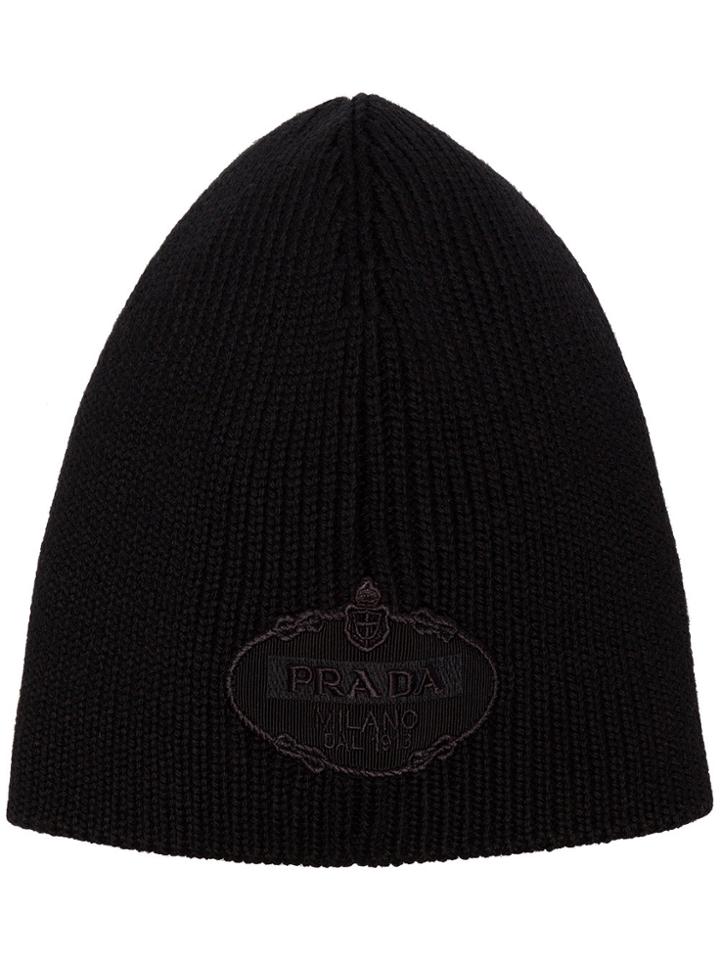 Prada Black Logo Embroidered Ribbed Virgin Wool Hat