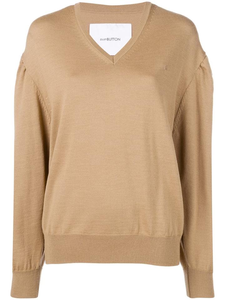 Pushbutton V Neck Knit Sweater - Neutrals