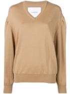 Pushbutton V Neck Knit Sweater - Neutrals